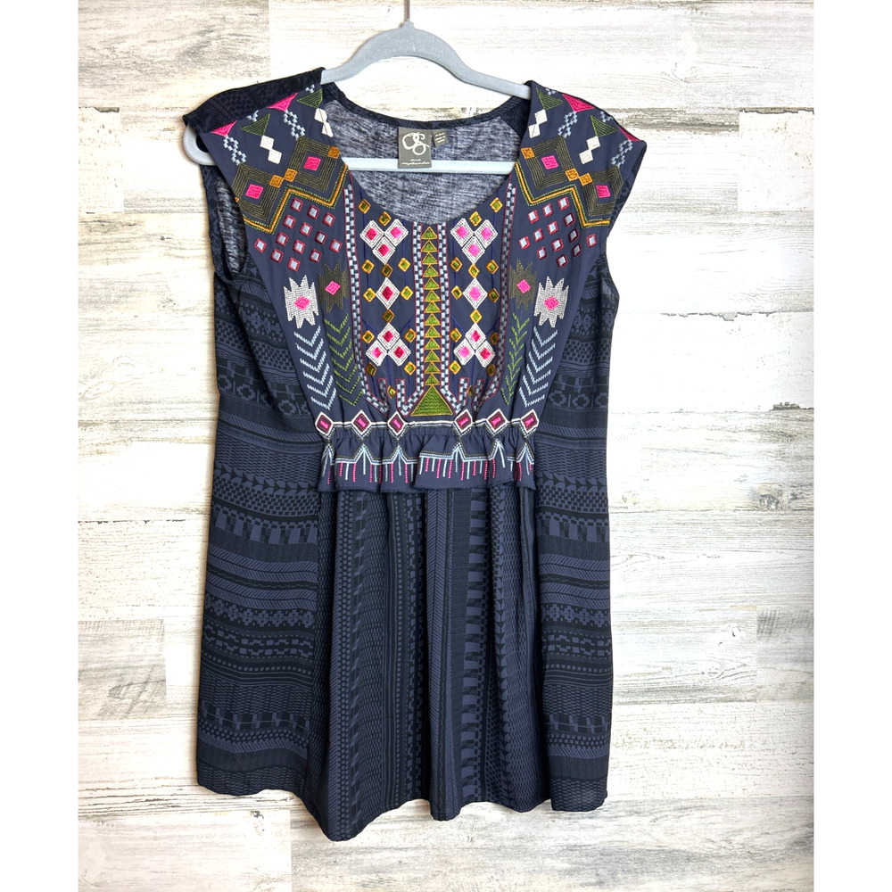 Anthropologie One September Womens XS Petite Embroidered Tunic Boho Top Navy